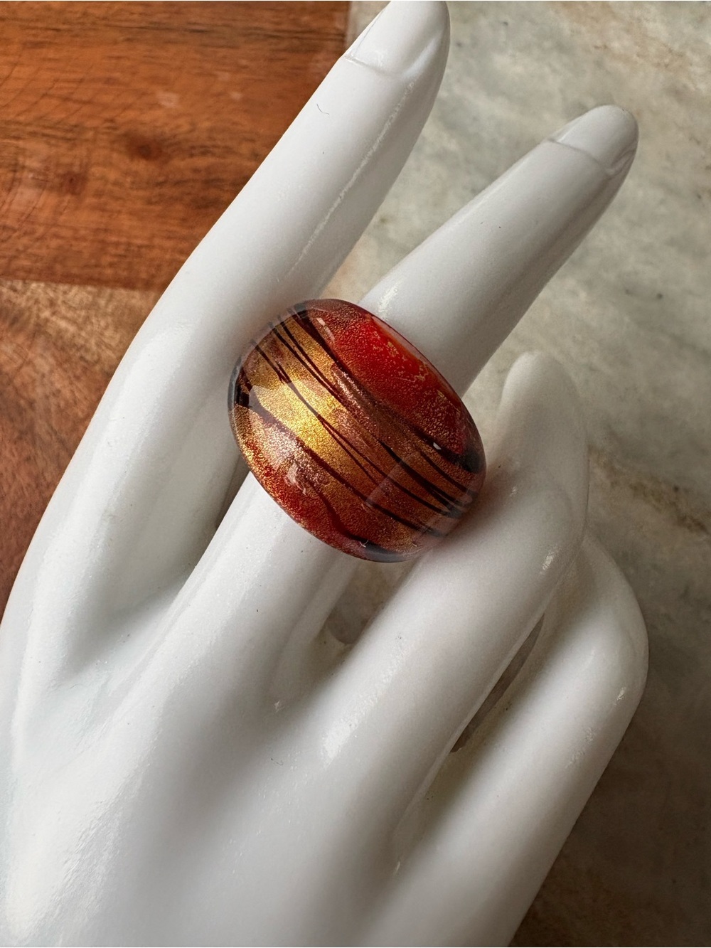 Gold and Red Striped Murano-Style Glass Statement Ring - Size 7.5